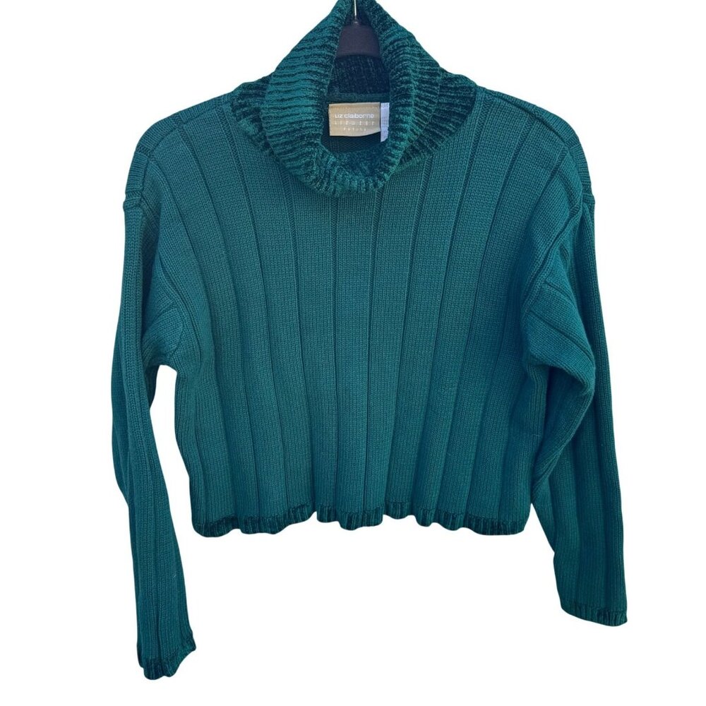 Liz Claiborne Vintage 90s Crop Ribbed Turtleneck Sweater Chenille Forestcore S